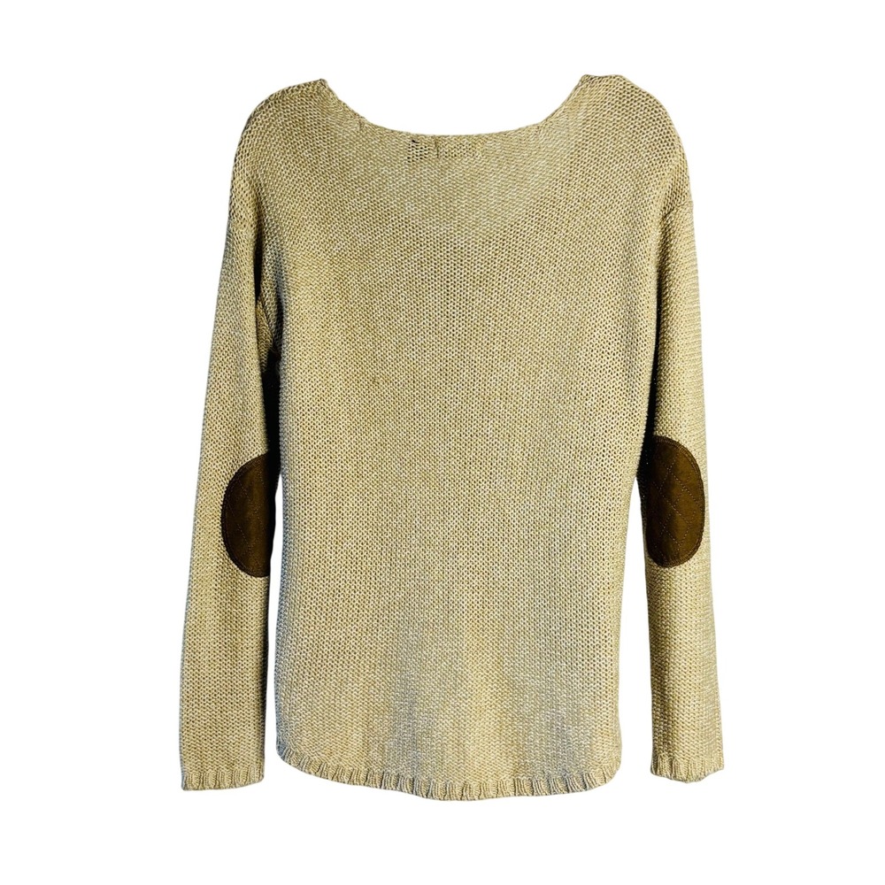 RDI | Cream V-Neck Knit Sweater Brown Elbow Patches | Size XL
